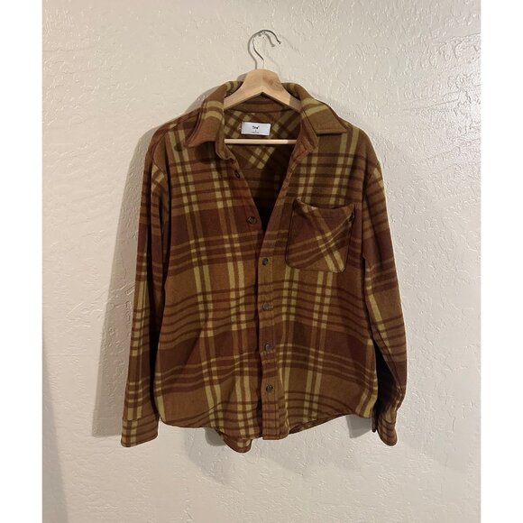 Aritzia Tna Brown Polar Plaid Fuzzy Winter Sweater Jacket - Picture 1 of 10